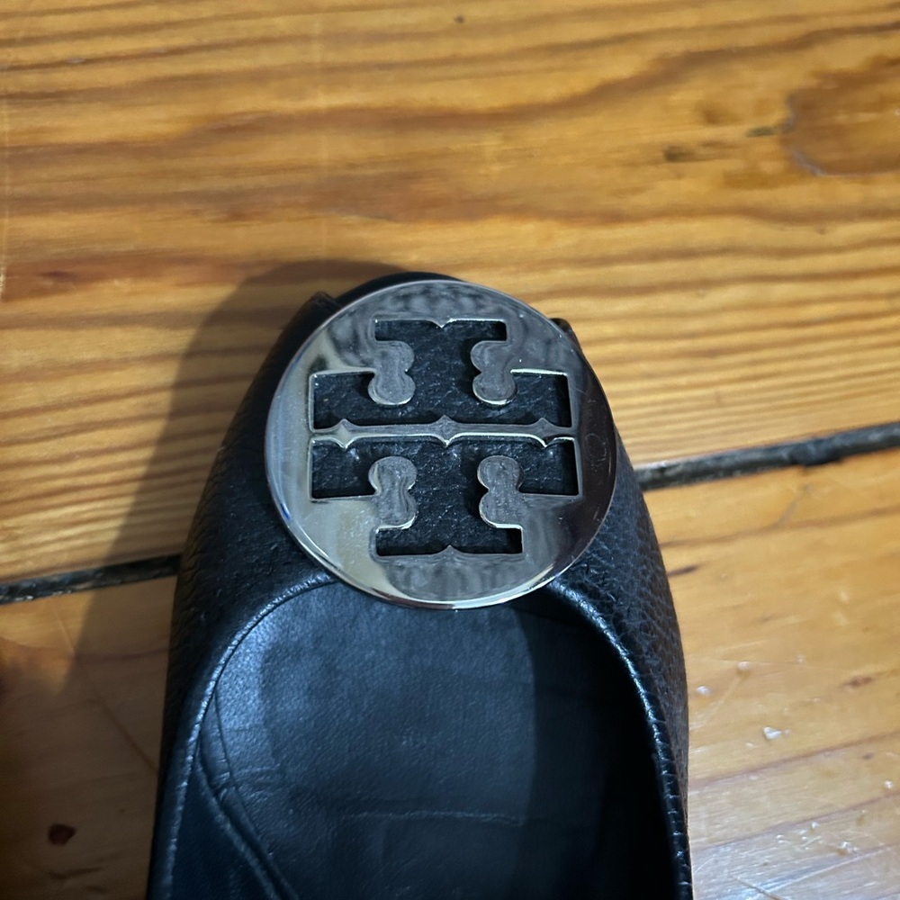 Tory Burch Black Wedge Heels with Silver Logo